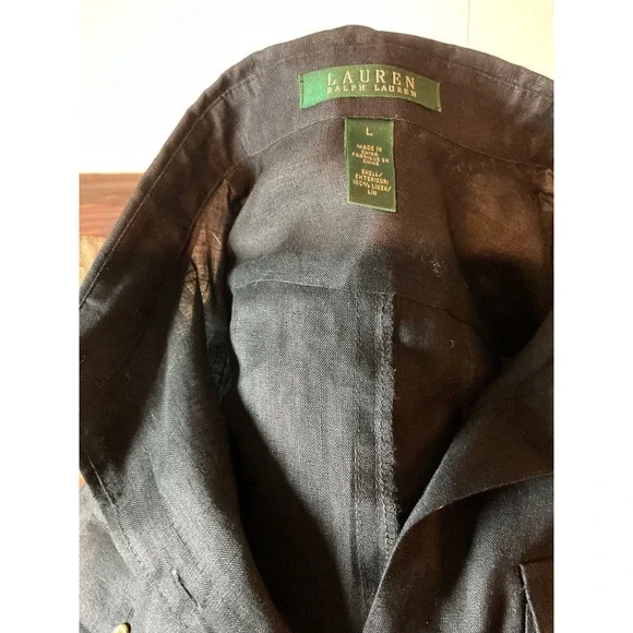 Lauren RL Fit and Flare Black Linen Button Front Belted Shirt Dress  Midi Sz L - Picture 9 of 12